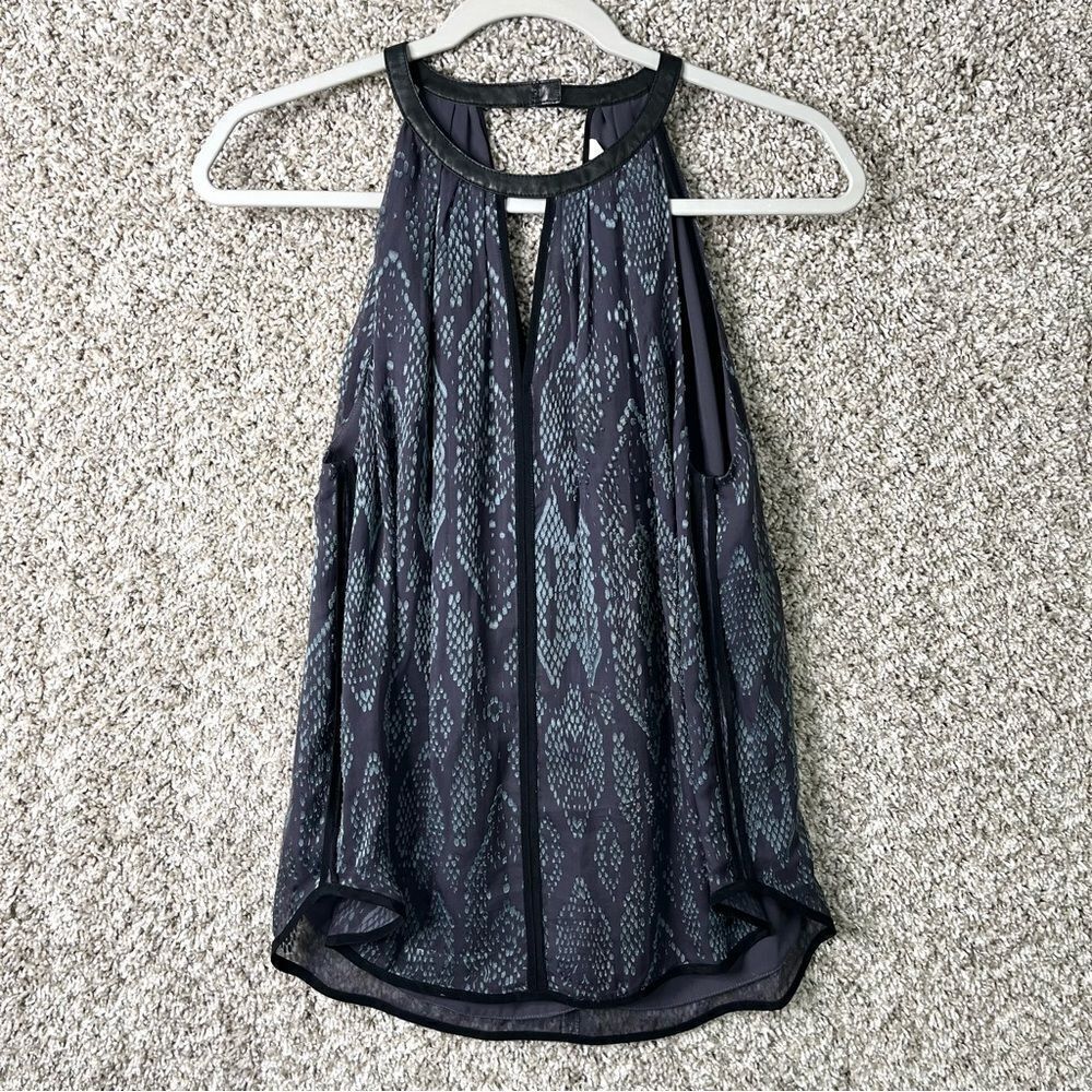 Rebecca Taylor Top Womens 4 Gray Silk Blend Snake Print Leather Trim Halter Tank